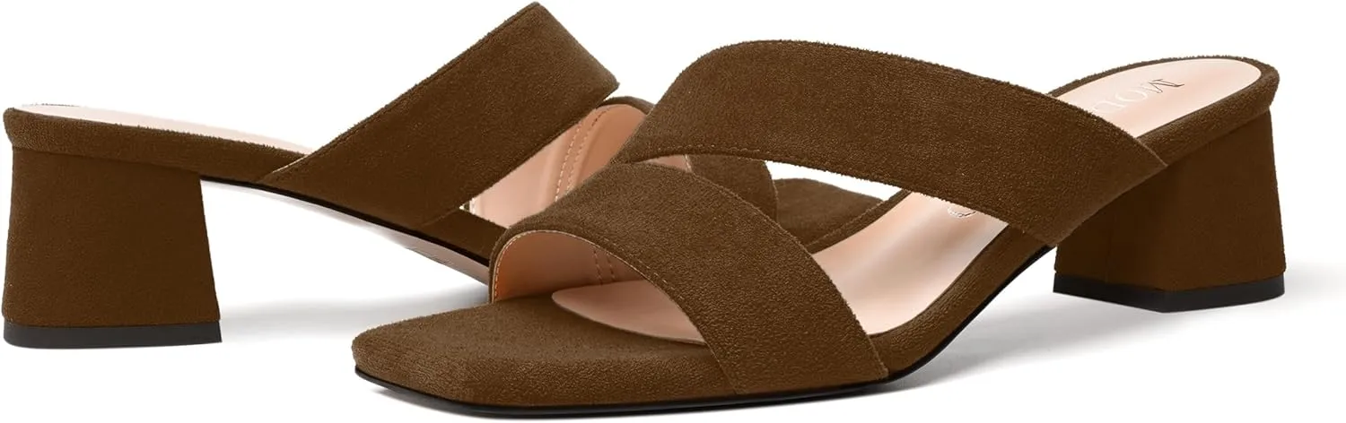 MODENCOCO Womens Open Toe Slip On Dating Fashion Suede Stylish Chunky Low Heel Heeled Sandals 2 Inch