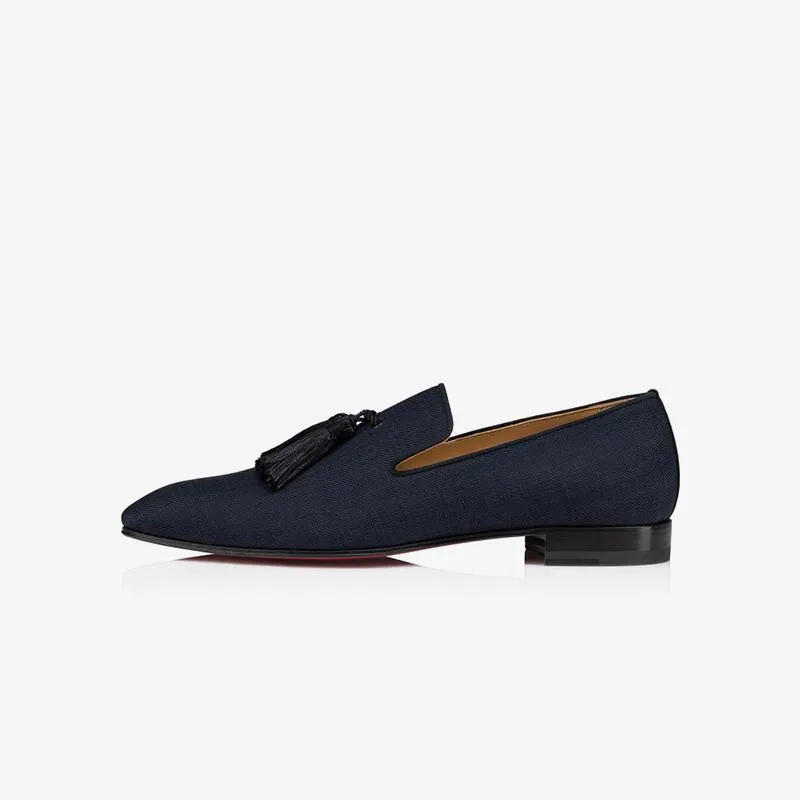 Navy Fabric Mens Tassel Flat Loafers