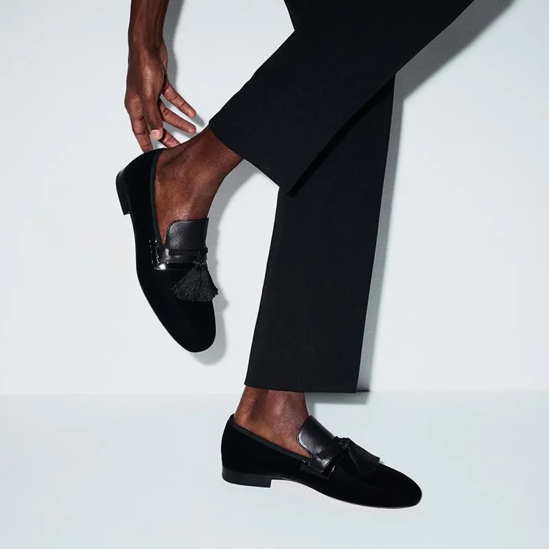 Patchwork Velvet Loafers Tassel Plain Calf