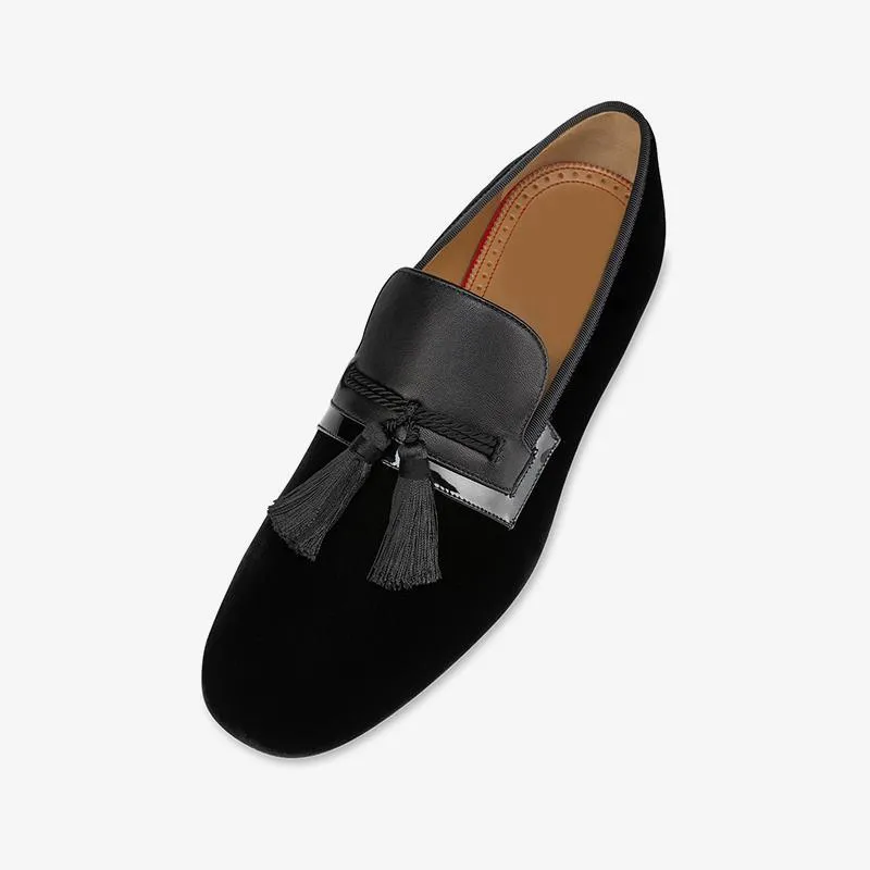 Patchwork Velvet Loafers Tassel Plain Calf