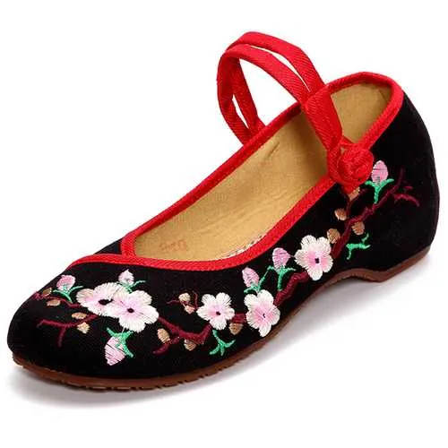 Plum Chinese Embroidered Buckle Round Toe Shoes