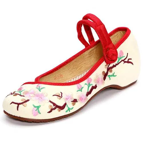 Plum Chinese Embroidered Buckle Round Toe Shoes