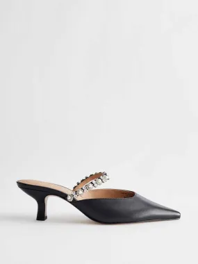 Pointed leather rhinestone mules