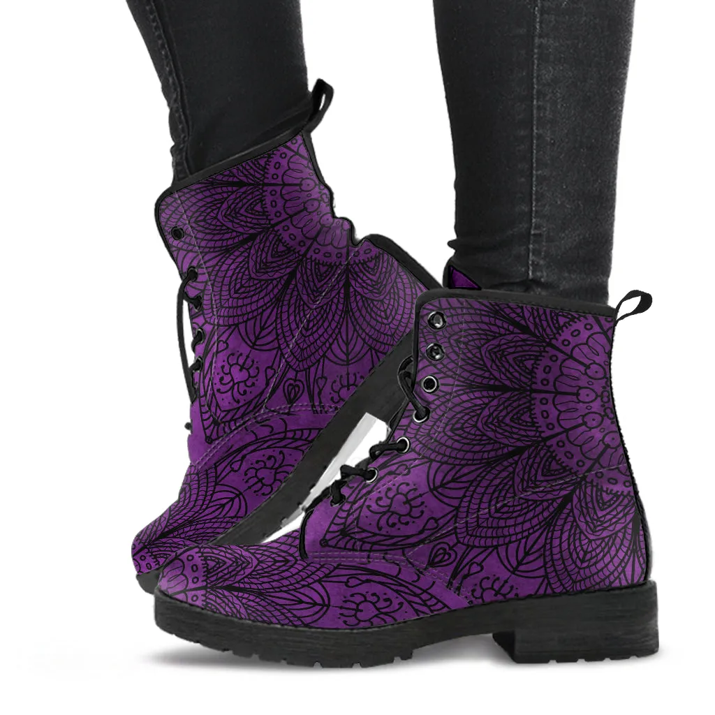 Purple Boots for Women, Dark Purple Mandala | Combat Boots, Handmade Lace Up Boots, Vegan Leather Lace Up Boots Women, 90s Boots