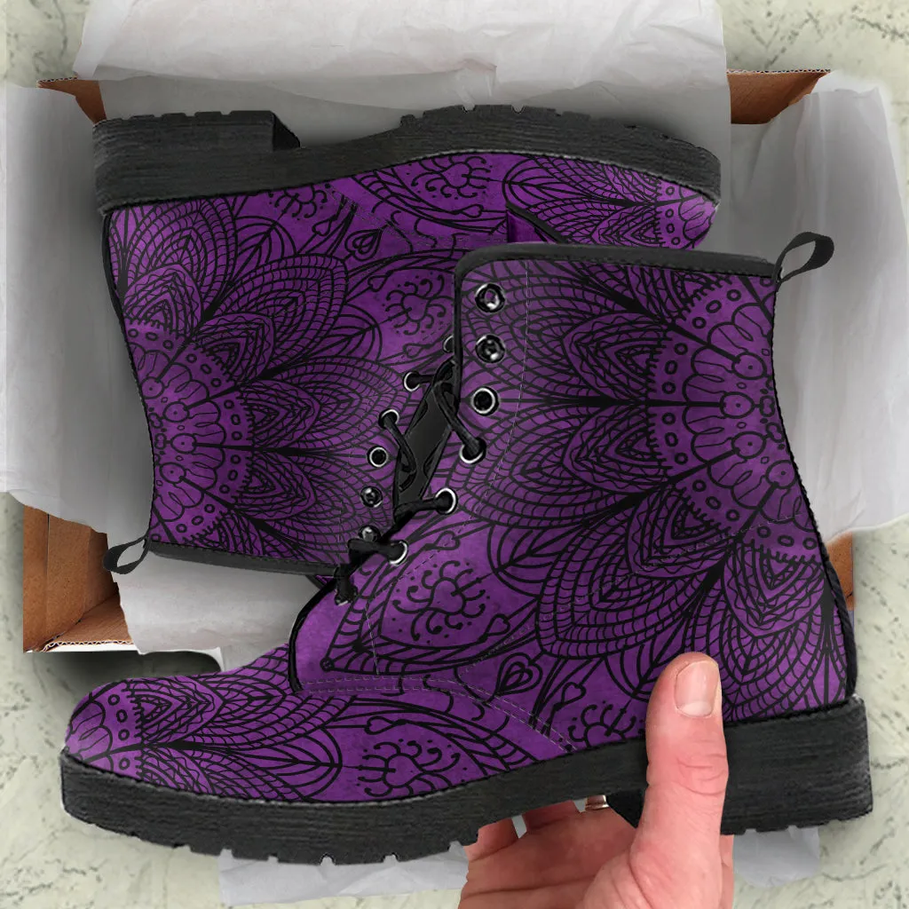 Purple Boots for Women, Dark Purple Mandala | Combat Boots, Handmade Lace Up Boots, Vegan Leather Lace Up Boots Women, 90s Boots