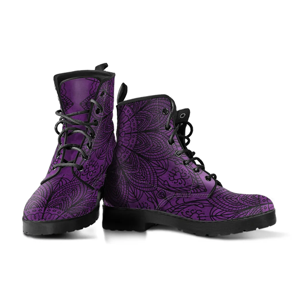 Purple Boots for Women, Dark Purple Mandala | Combat Boots, Handmade Lace Up Boots, Vegan Leather Lace Up Boots Women, 90s Boots