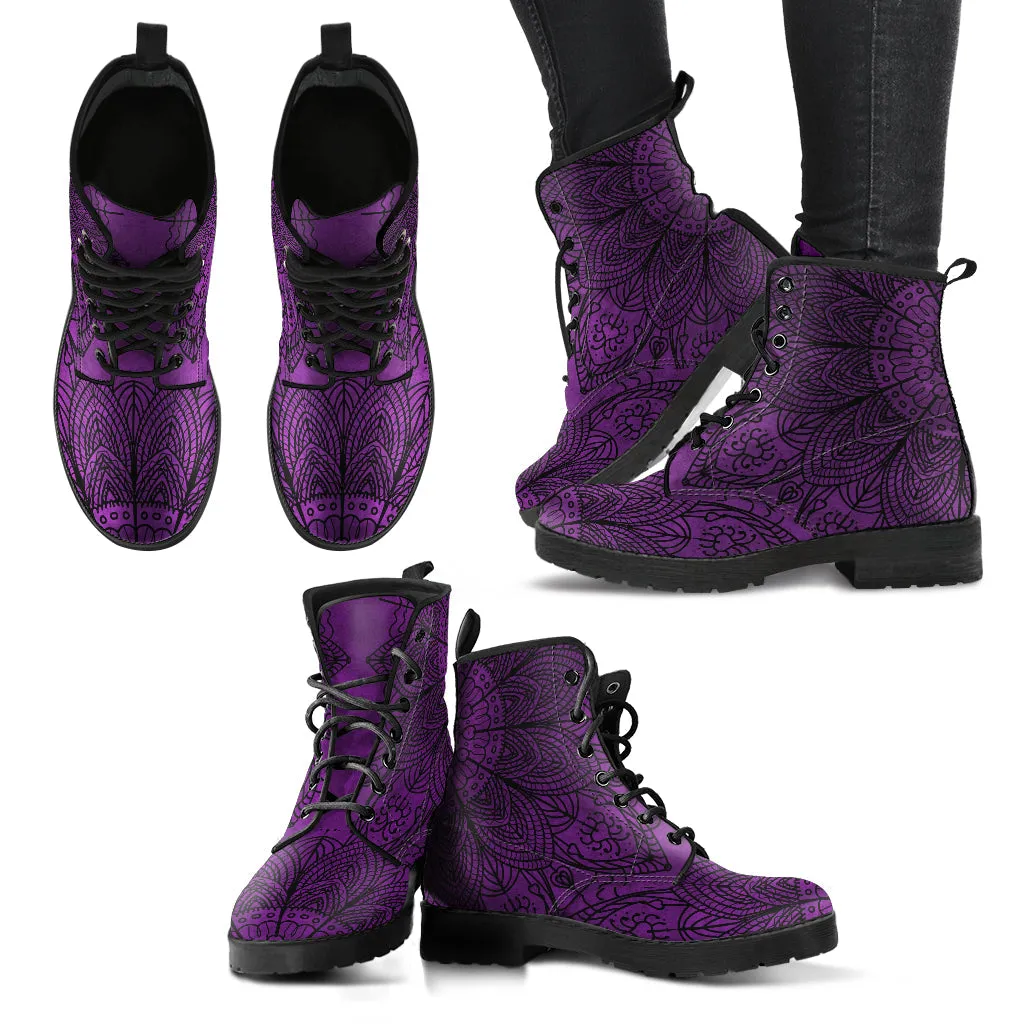 Purple Boots for Women, Dark Purple Mandala | Combat Boots, Handmade Lace Up Boots, Vegan Leather Lace Up Boots Women, 90s Boots