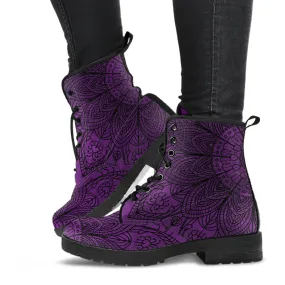 Purple Boots for Women, Dark Purple Mandala | Combat Boots, Handmade Lace Up Boots, Vegan Leather Lace Up Boots Women, 90s Boots