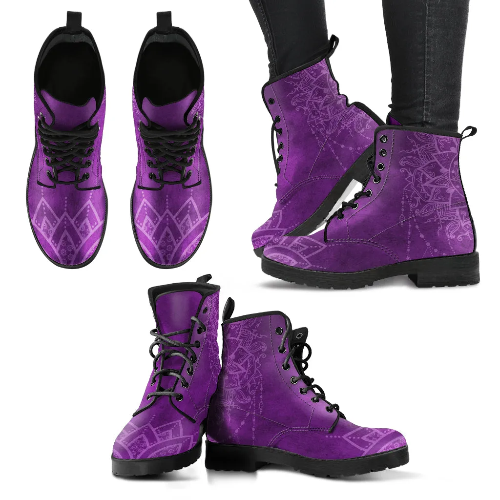 Purple Boots for Women- Purple Mandala | Combat Boots, Vegan Leather Lace Up Boots, Handmade Lace Up Boots, Women's Boots, Custom Shoes