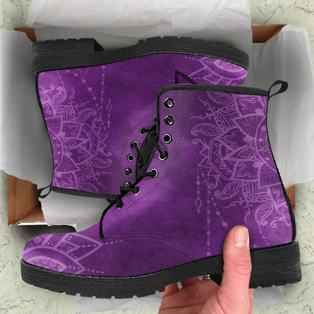 Purple Boots for Women- Purple Mandala | Combat Boots, Vegan Leather Lace Up Boots, Handmade Lace Up Boots, Women's Boots, Custom Shoes