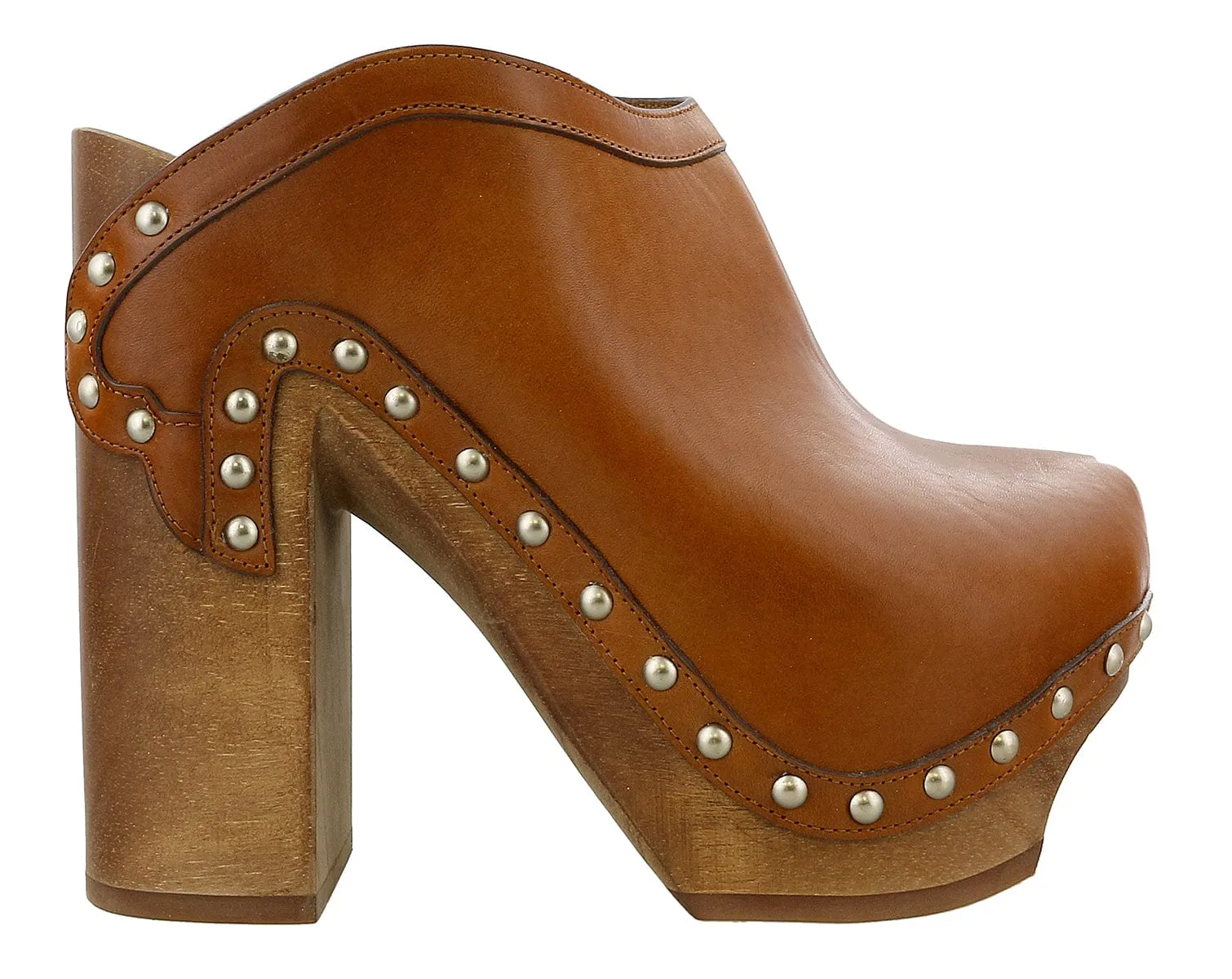 Roberto Cavalli Tan Wood Heel Stud Clog Mules -