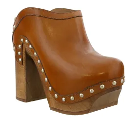 Roberto Cavalli Tan Wood Heel Stud Clog Mules -