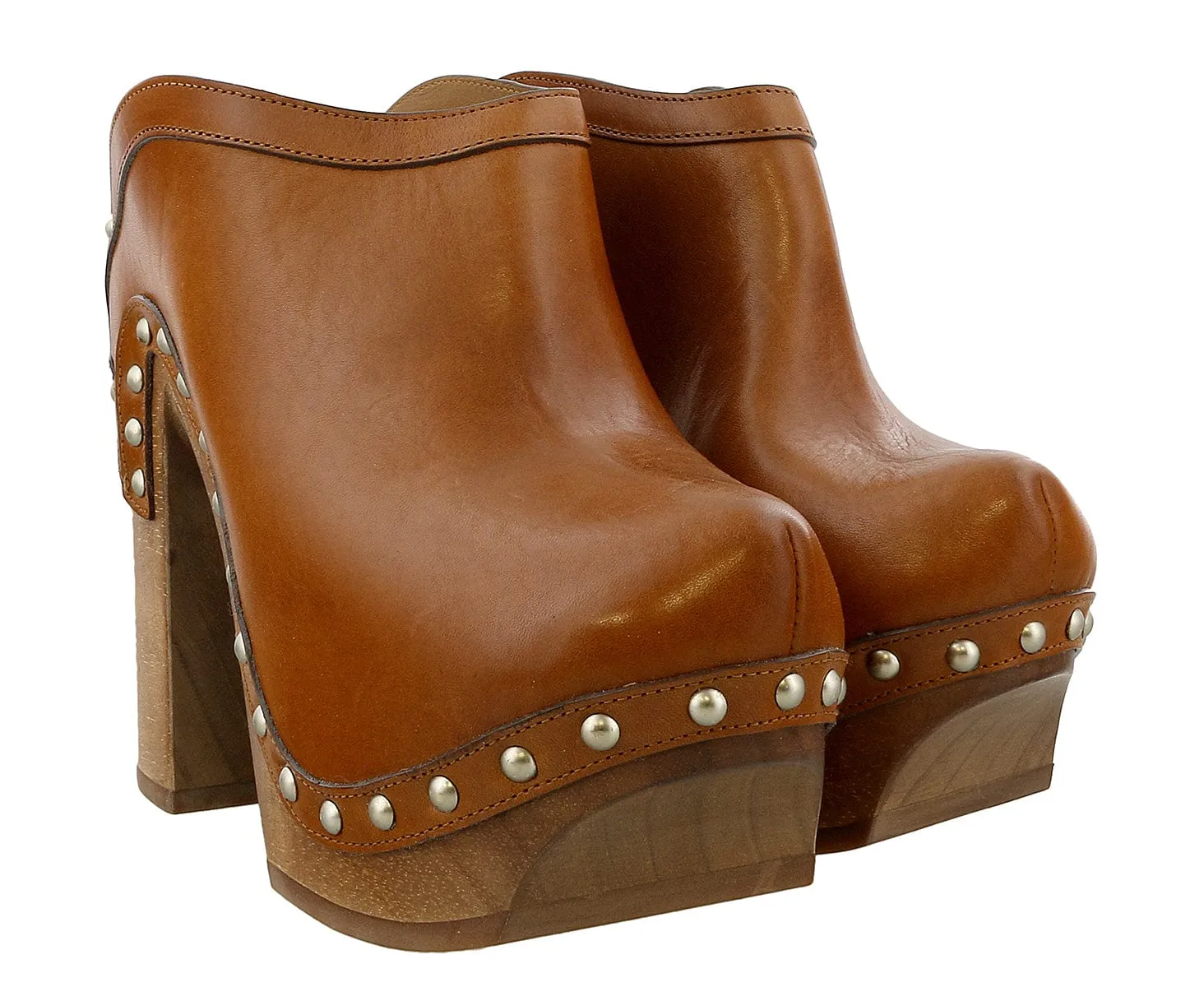 Roberto Cavalli Tan Wood Heel Stud Clog Mules -