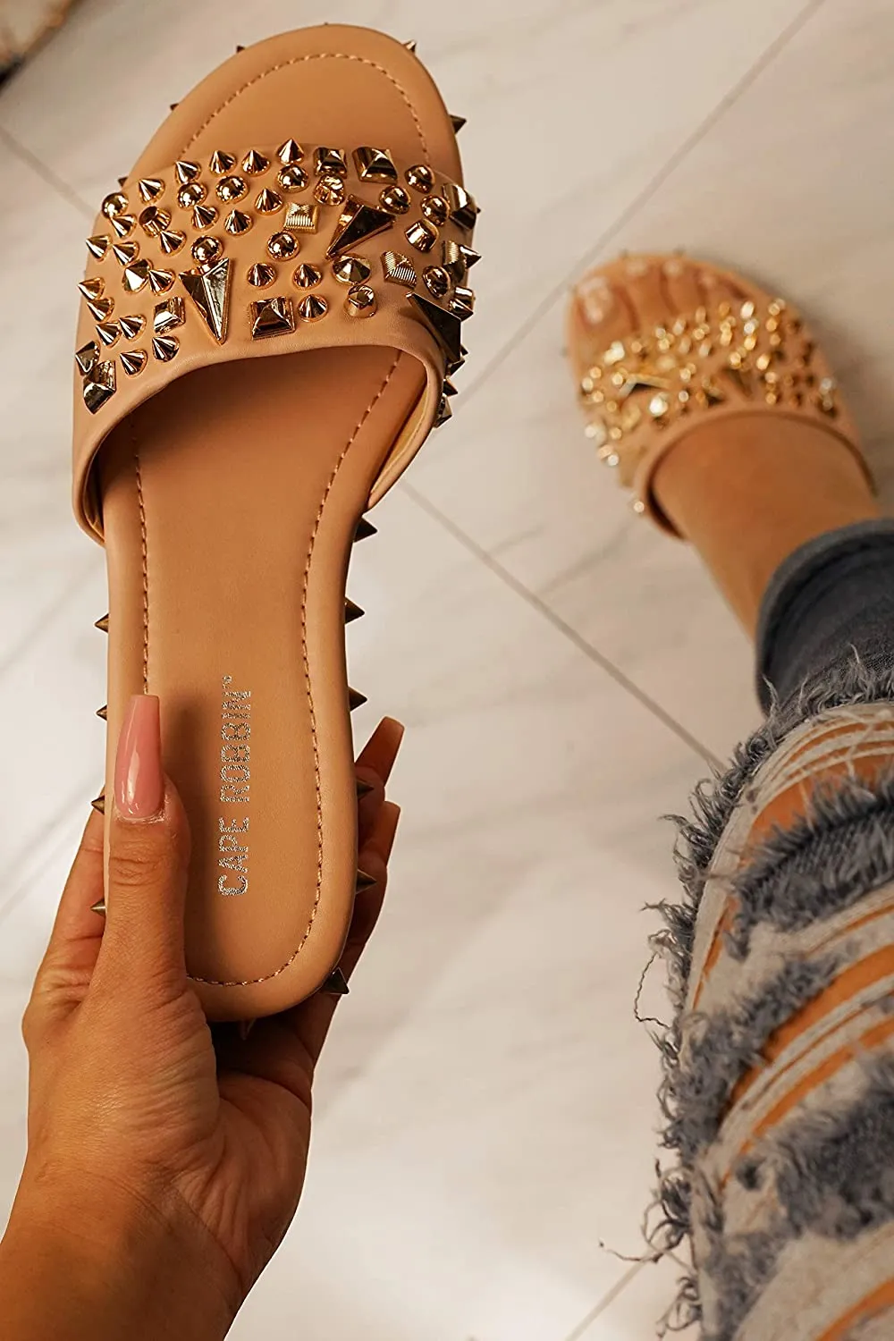 Spike Studded Nude Slip On Mules Tonie Slide Sandals