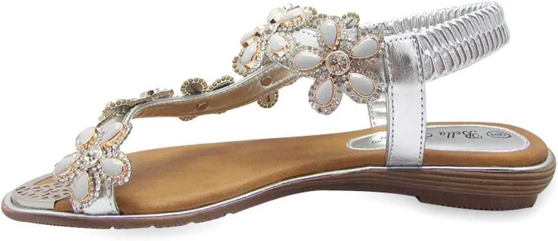 Stylish & Comfort Shoes Womens Rhinestone Flower T-Strap Rubber Band Sling Back Summer Slip On Flat Sandals