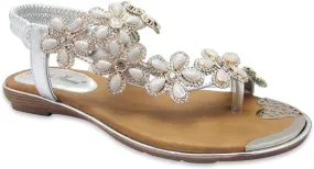 Stylish & Comfort Shoes Womens Rhinestone Flower T-Strap Rubber Band Sling Back Summer Slip On Flat Sandals