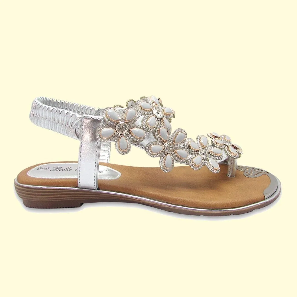 Stylish & Comfort Shoes Womens Rhinestone Flower T-Strap Rubber Band Sling Back Summer Slip On Flat Sandals