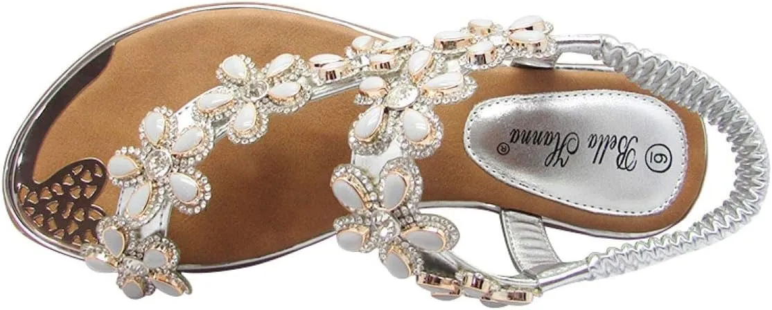Stylish & Comfort Shoes Womens Rhinestone Flower T-Strap Rubber Band Sling Back Summer Slip On Flat Sandals