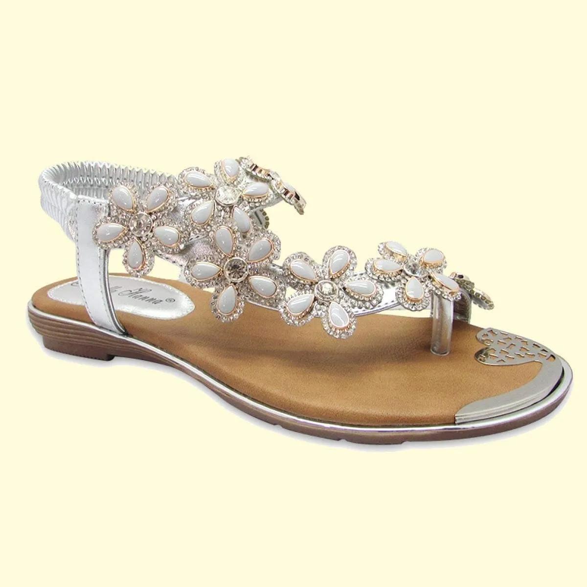 Stylish & Comfort Shoes Womens Rhinestone Flower T-Strap Rubber Band Sling Back Summer Slip On Flat Sandals