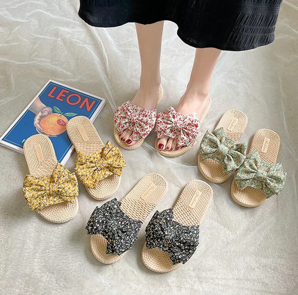 Stylish Sandals for Women Cute Floral Pattern Bowknot Summer Beach Shoes Open Toe Anti-slip Indoor Outdoor Slippers