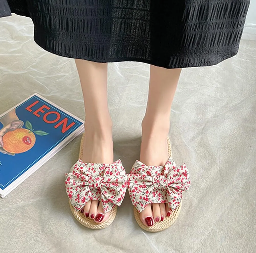 Stylish Sandals for Women Cute Floral Pattern Bowknot Summer Beach Shoes Open Toe Anti-slip Indoor Outdoor Slippers