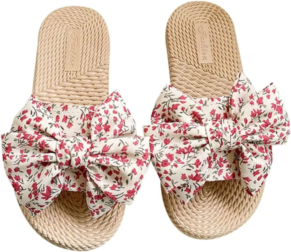 Stylish Sandals for Women Cute Floral Pattern Bowknot Summer Beach Shoes Open Toe Anti-slip Indoor Outdoor Slippers