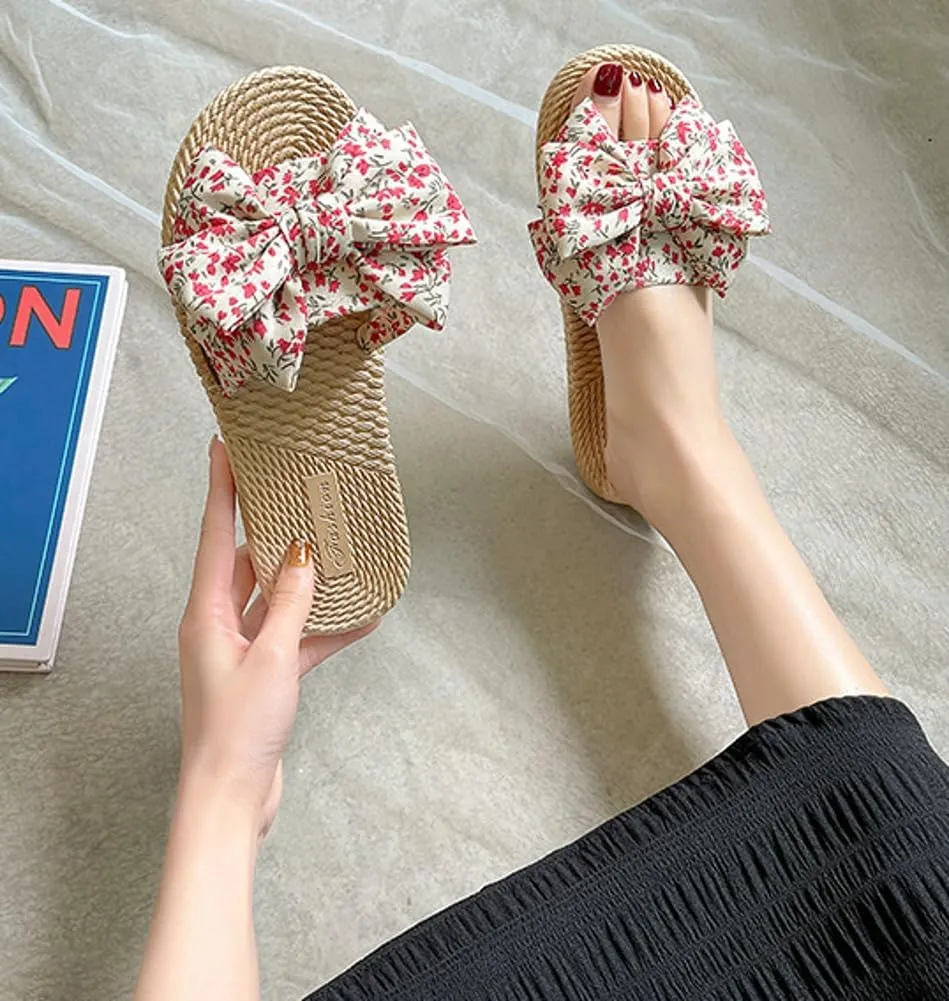 Stylish Sandals for Women Cute Floral Pattern Bowknot Summer Beach Shoes Open Toe Anti-slip Indoor Outdoor Slippers