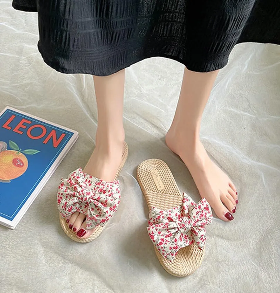 Stylish Sandals for Women Cute Floral Pattern Bowknot Summer Beach Shoes Open Toe Anti-slip Indoor Outdoor Slippers