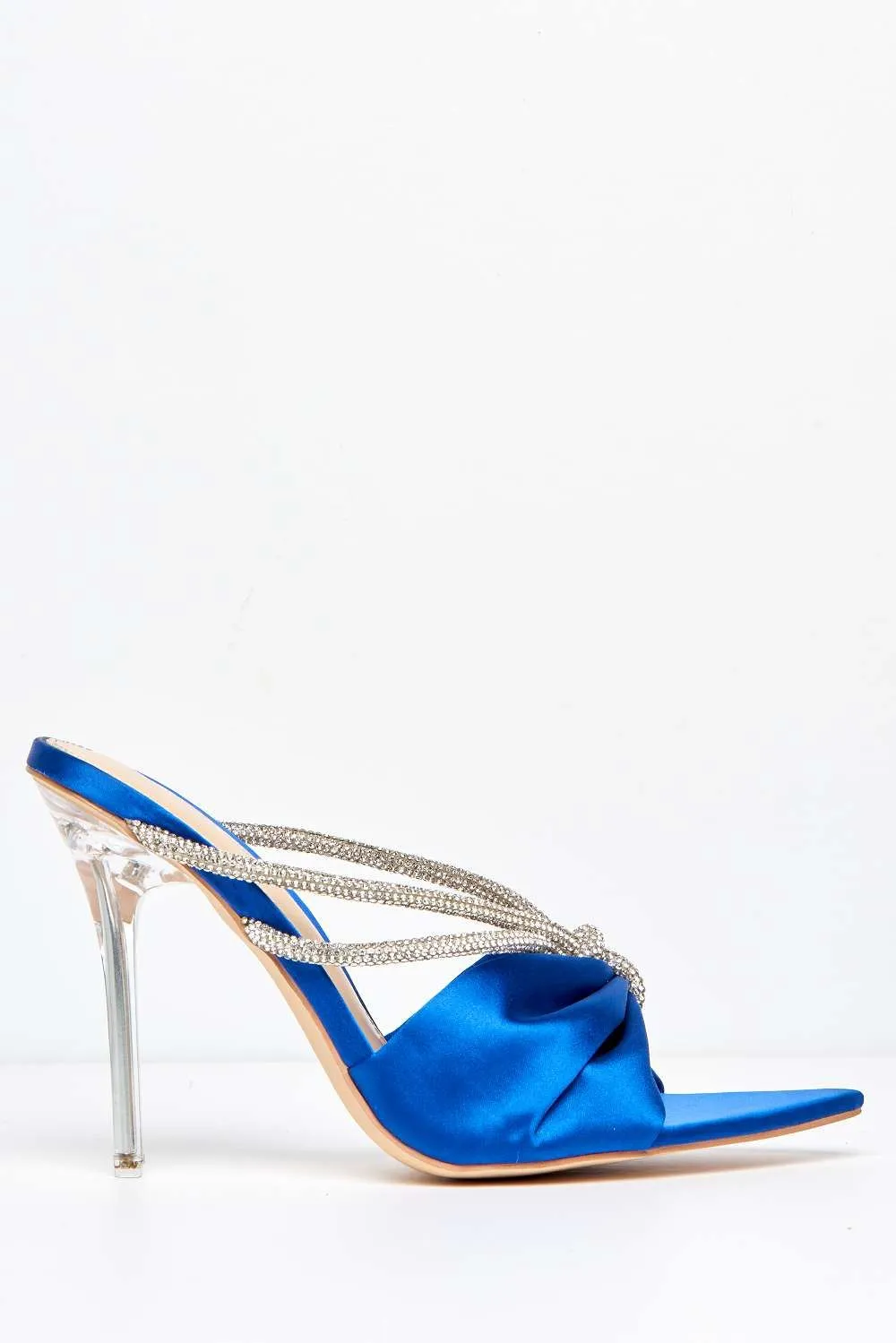Tanulia Diamante Straps Perspex Stiletto Heel Pointed Toe Mules in Blue