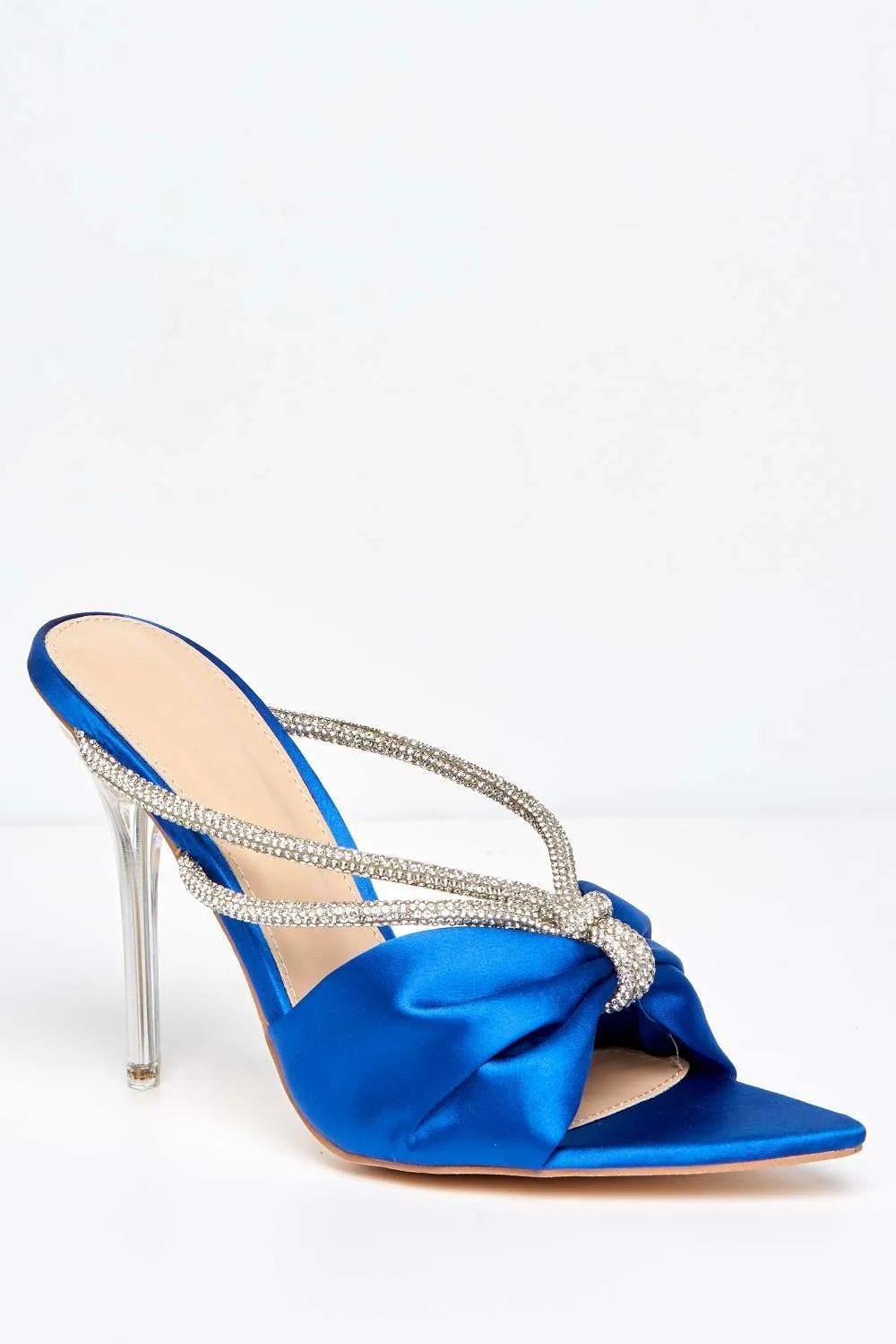 Tanulia Diamante Straps Perspex Stiletto Heel Pointed Toe Mules in Blue