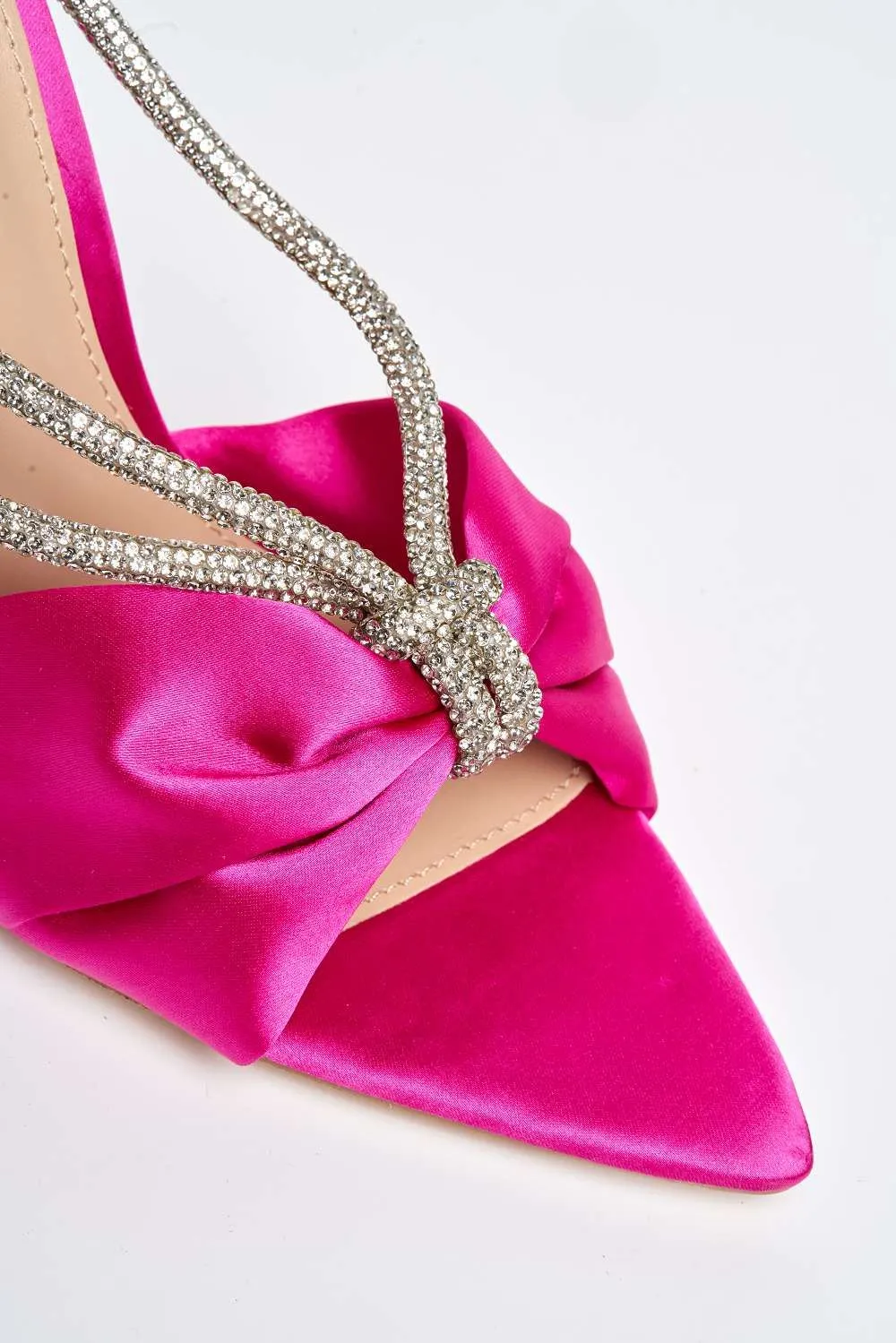 Tanulia Diamante Straps Perspex Stiletto Heel Pointed Toe Mules in Fuchsia