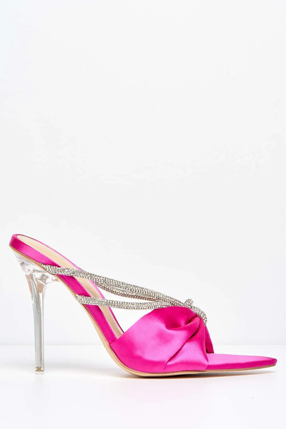Tanulia Diamante Straps Perspex Stiletto Heel Pointed Toe Mules in Fuchsia