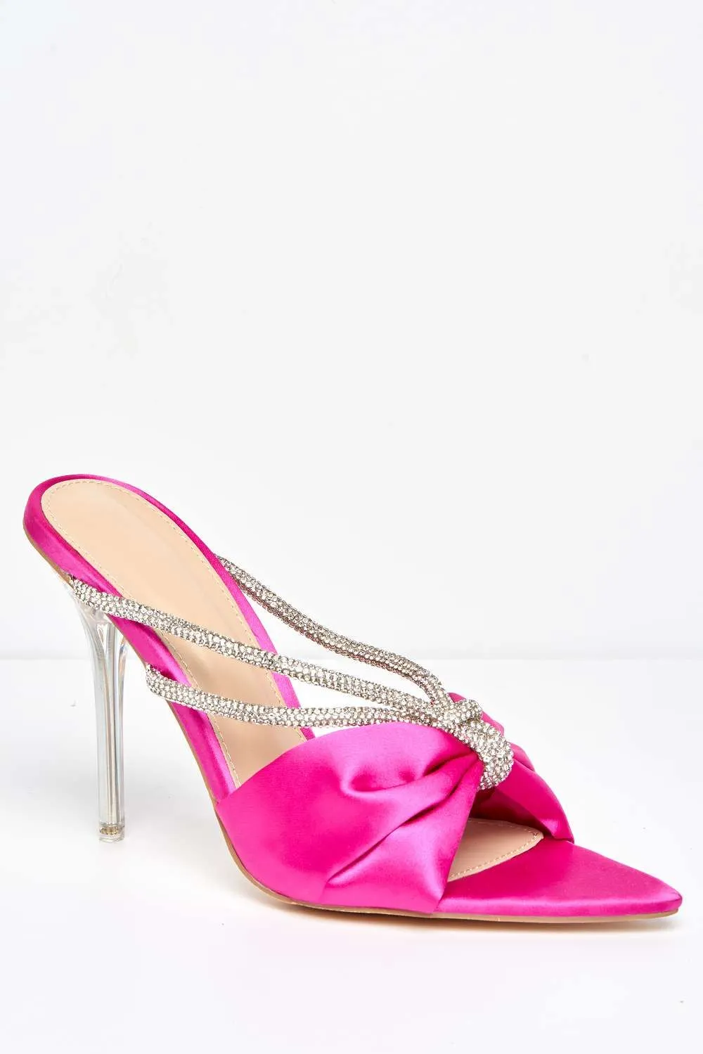 Tanulia Diamante Straps Perspex Stiletto Heel Pointed Toe Mules in Fuchsia