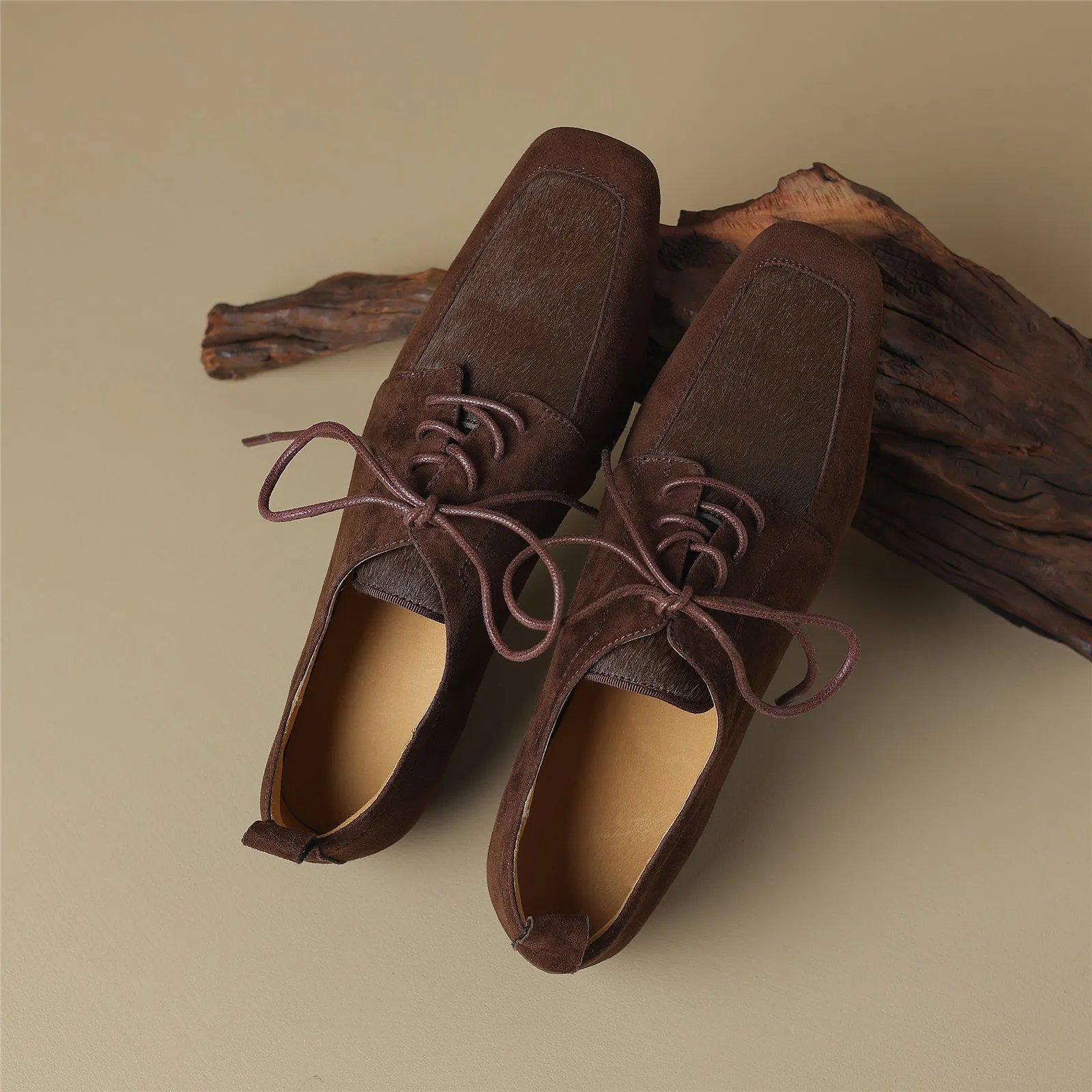 TinaCus Women Handmade Suede Leather Lace Up Square Toe Flat Shoes