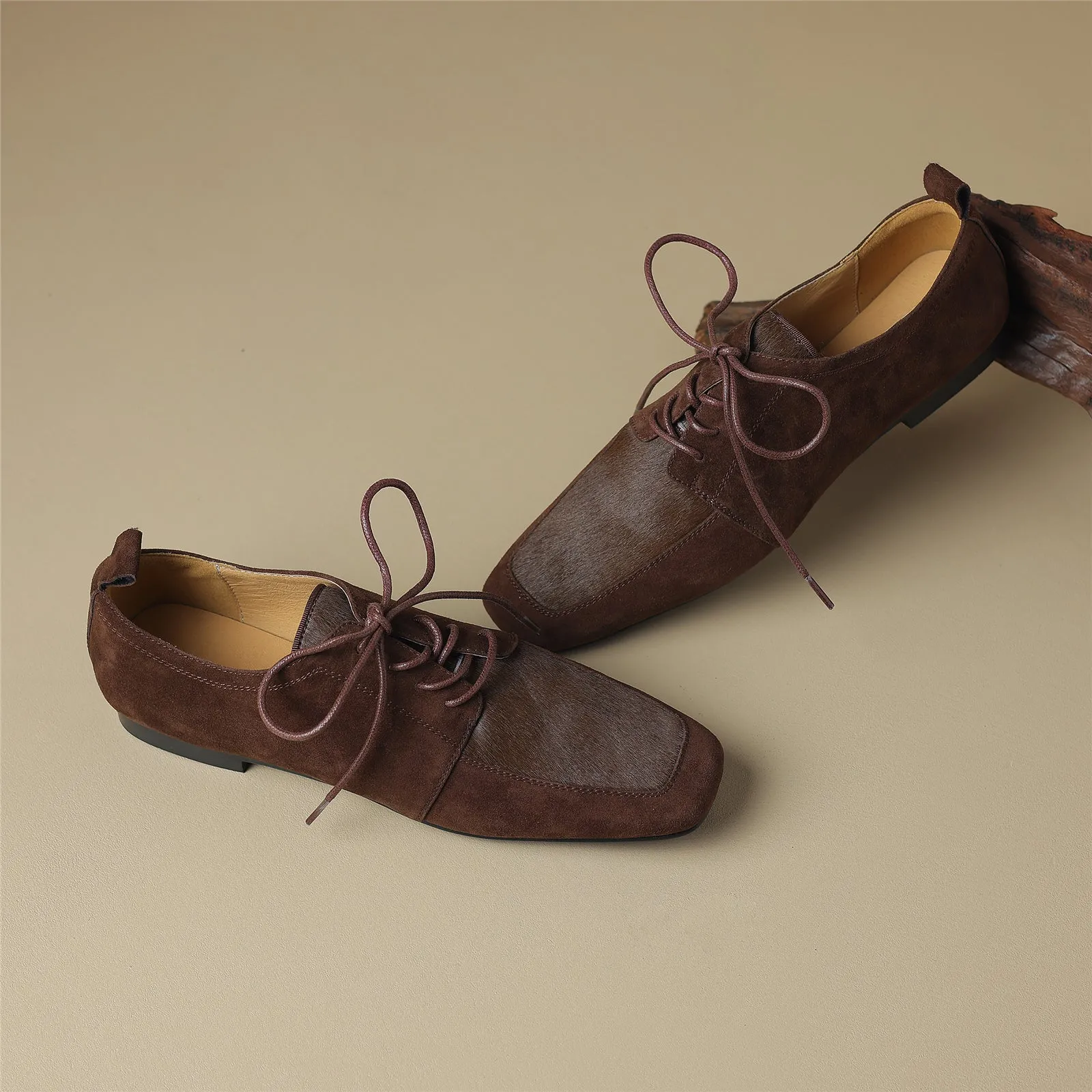 TinaCus Women Handmade Suede Leather Lace Up Square Toe Flat Shoes