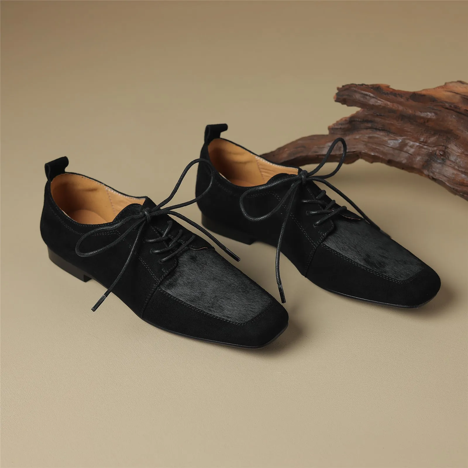 TinaCus Women Handmade Suede Leather Lace Up Square Toe Flat Shoes