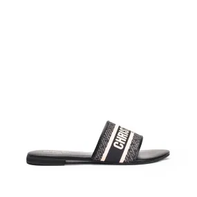 Trendy Black Slip-On Slippers with Logo Strap | 597J-C