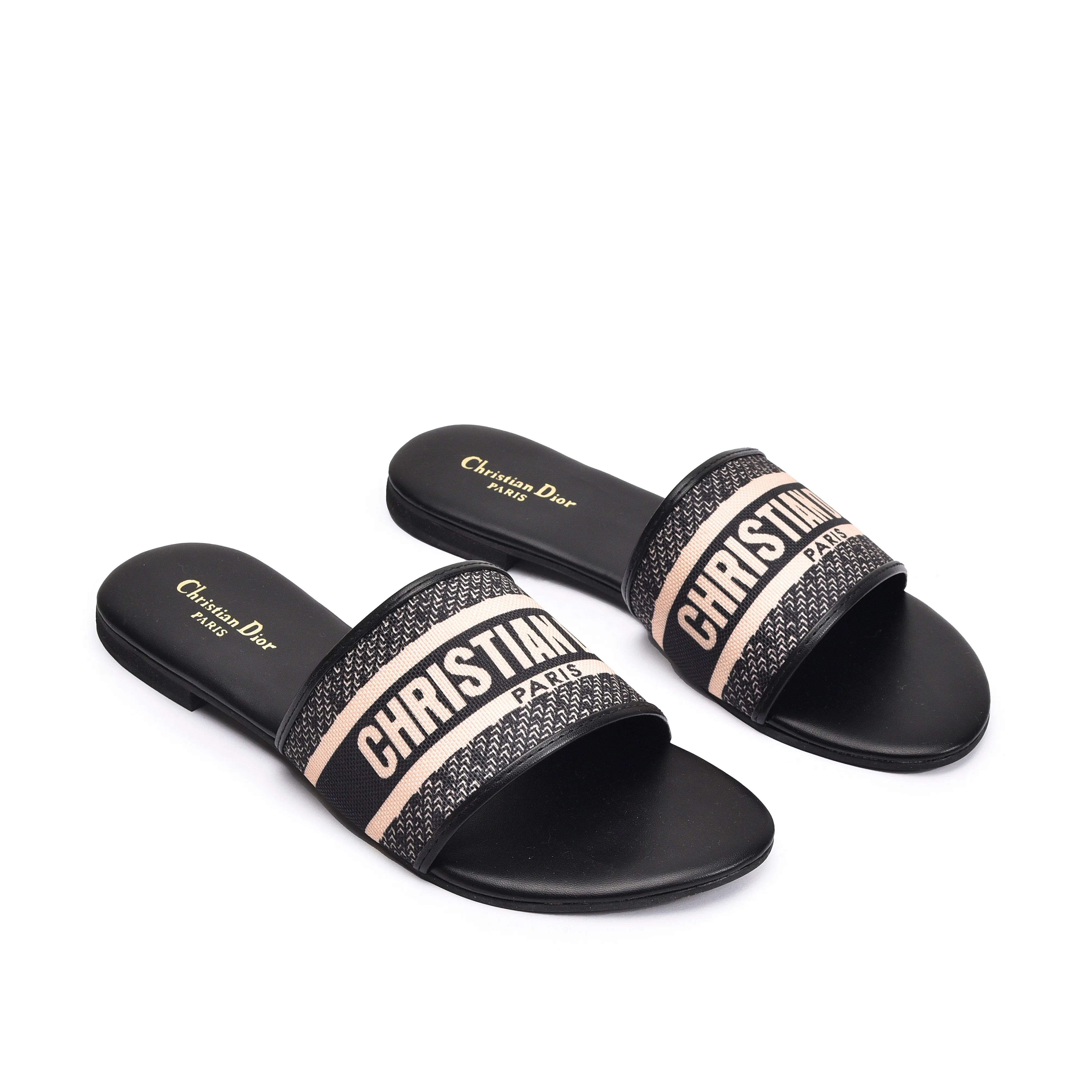 Trendy Black Slip-On Slippers with Logo Strap | 597J-C