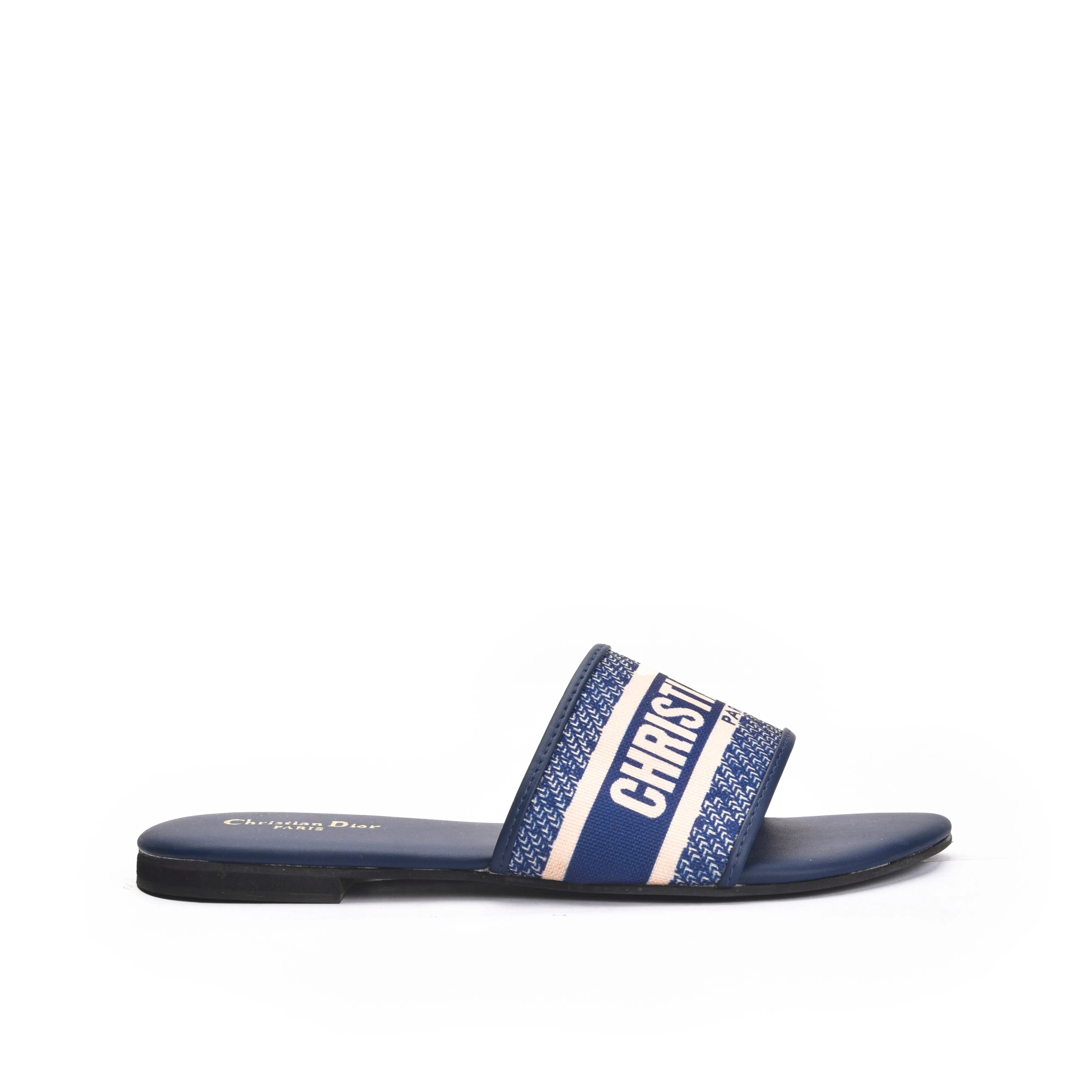Trendy Navy Slip-On Slippers with Logo Strap | 597J-Q