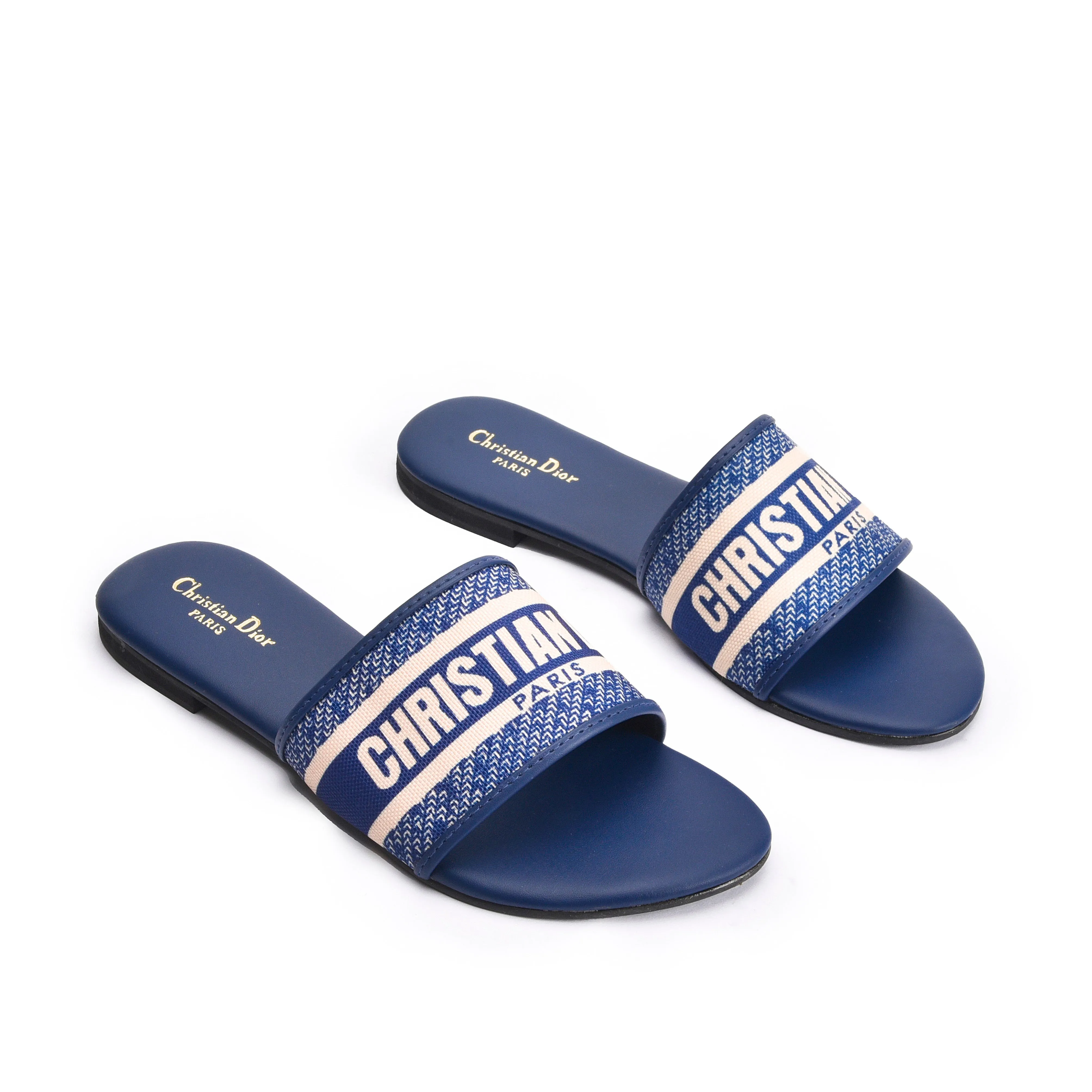Trendy Navy Slip-On Slippers with Logo Strap | 597J-Q