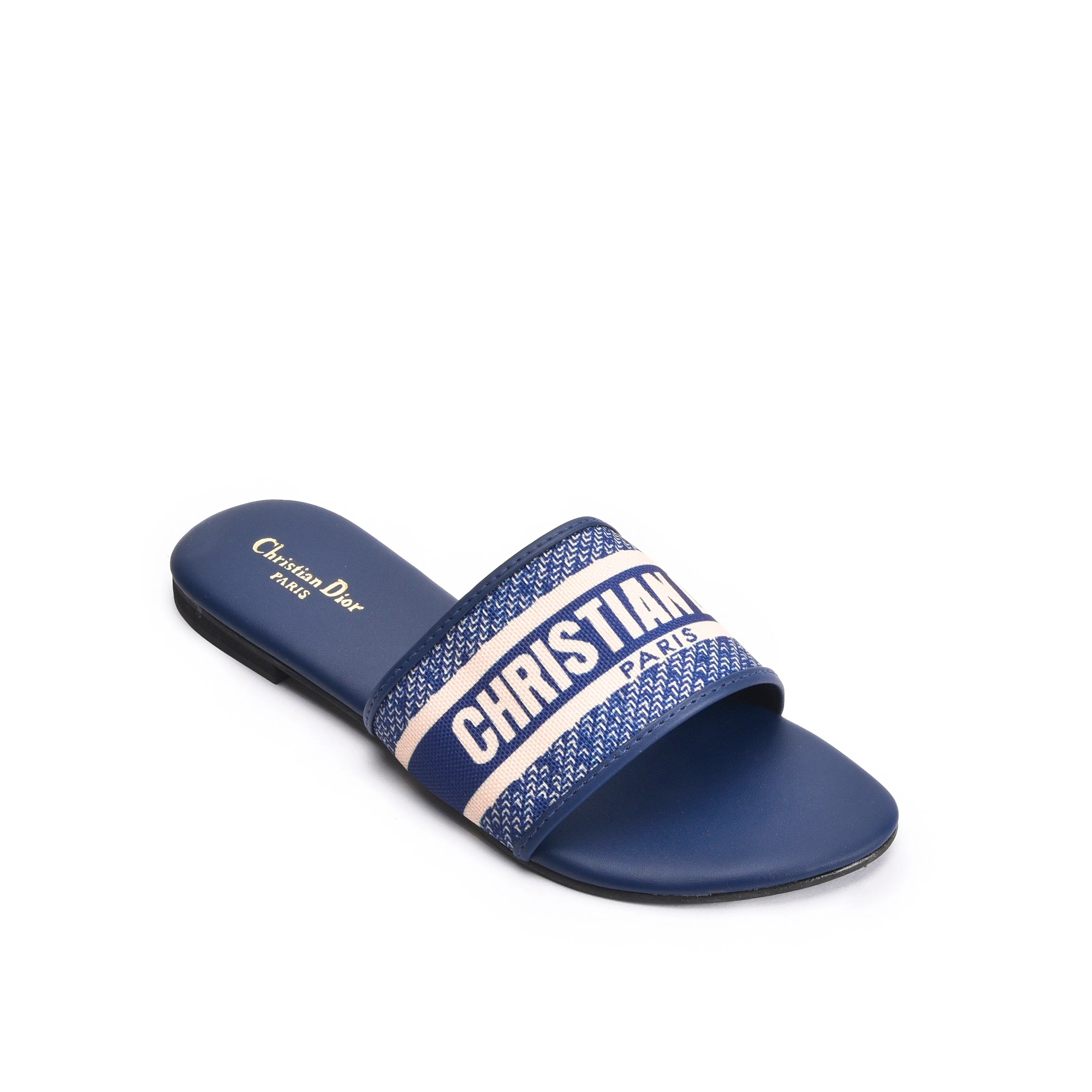 Trendy Navy Slip-On Slippers with Logo Strap | 597J-Q