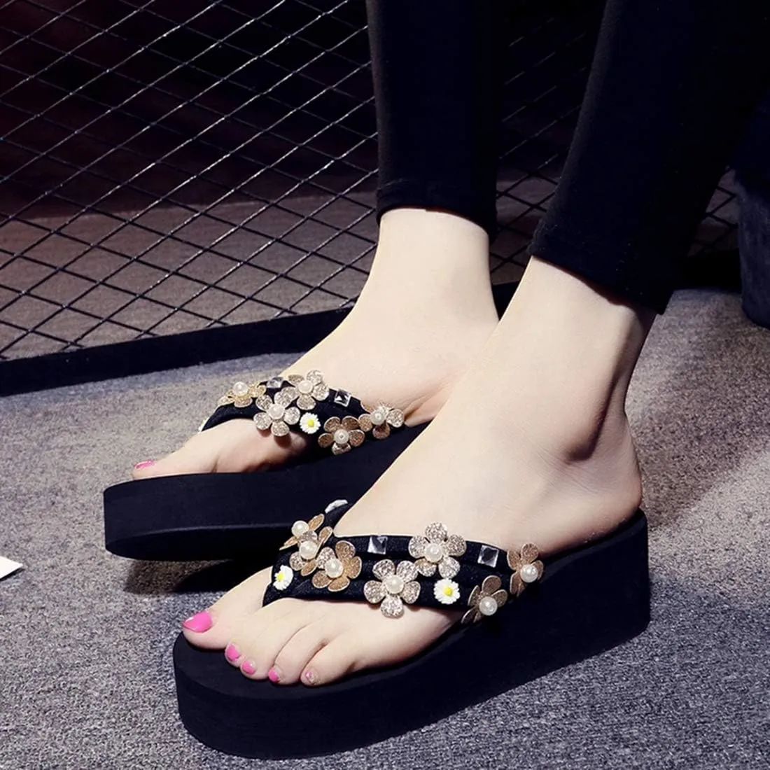 VOKLIN Women's Bohemian Flowers Wedge Flipflop Sandals Summer Platform High Heel Nonslip Beach Thong Sandal