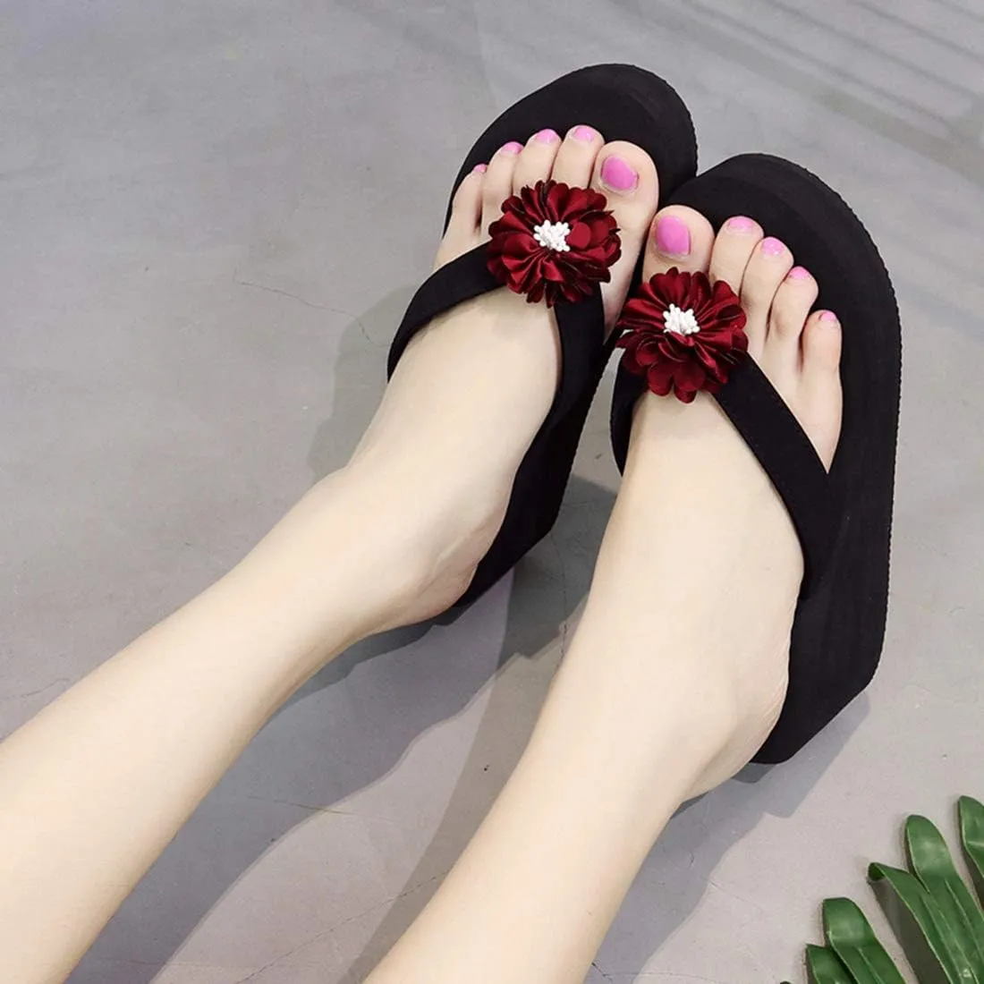 VOKLIN Women's Bohemian Flowers Wedge High Heel Flipflop Sandals Summer Platform Nonslip Beach Thong Sandal
