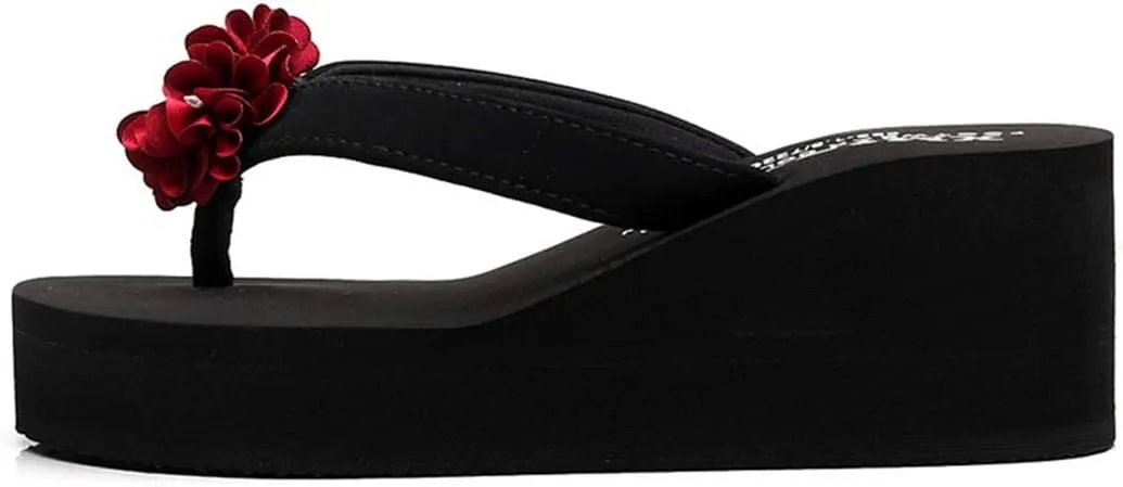 VOKLIN Women's Bohemian Flowers Wedge High Heel Flipflop Sandals Summer Platform Nonslip Beach Thong Sandal