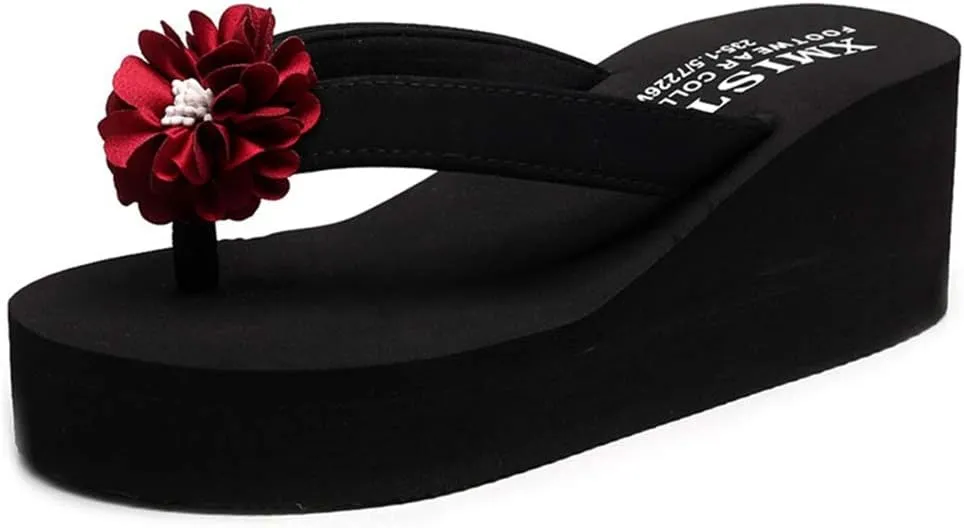 VOKLIN Women's Bohemian Flowers Wedge High Heel Flipflop Sandals Summer Platform Nonslip Beach Thong Sandal