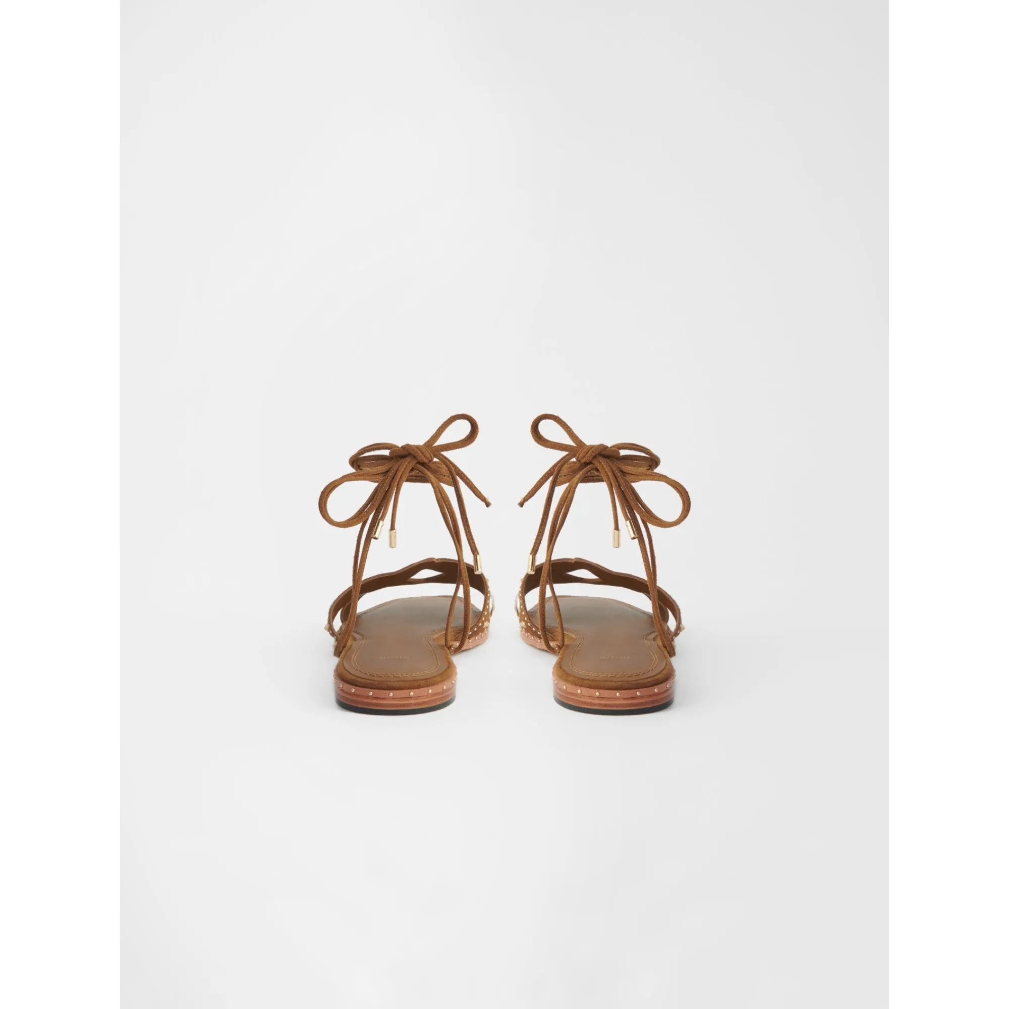 Women Flat Tie Sandals With Studs - Caramel