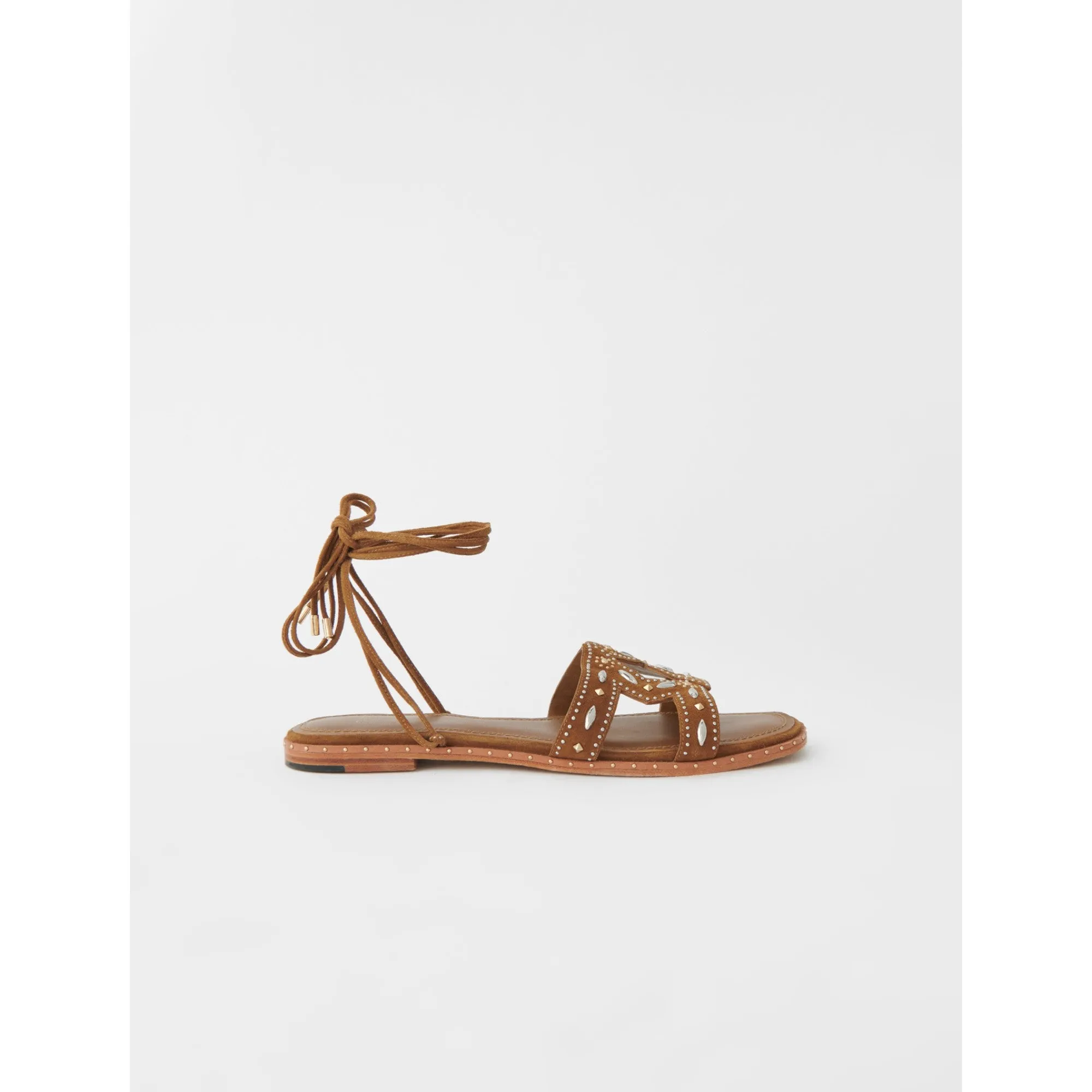 Women Flat Tie Sandals With Studs - Caramel