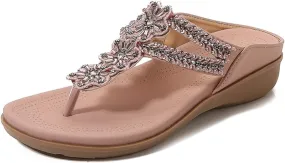 Women's Bohemian Flat Flipflops Sandals Rhinestone Embellished Comfort Summer Flip Flop Beach Sandal