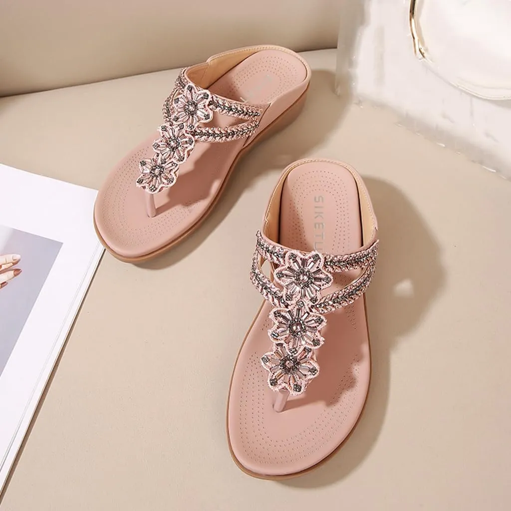 Women's Bohemian Flat Flipflops Sandals Rhinestone Embellished Comfort Summer Flip Flop Beach Sandal