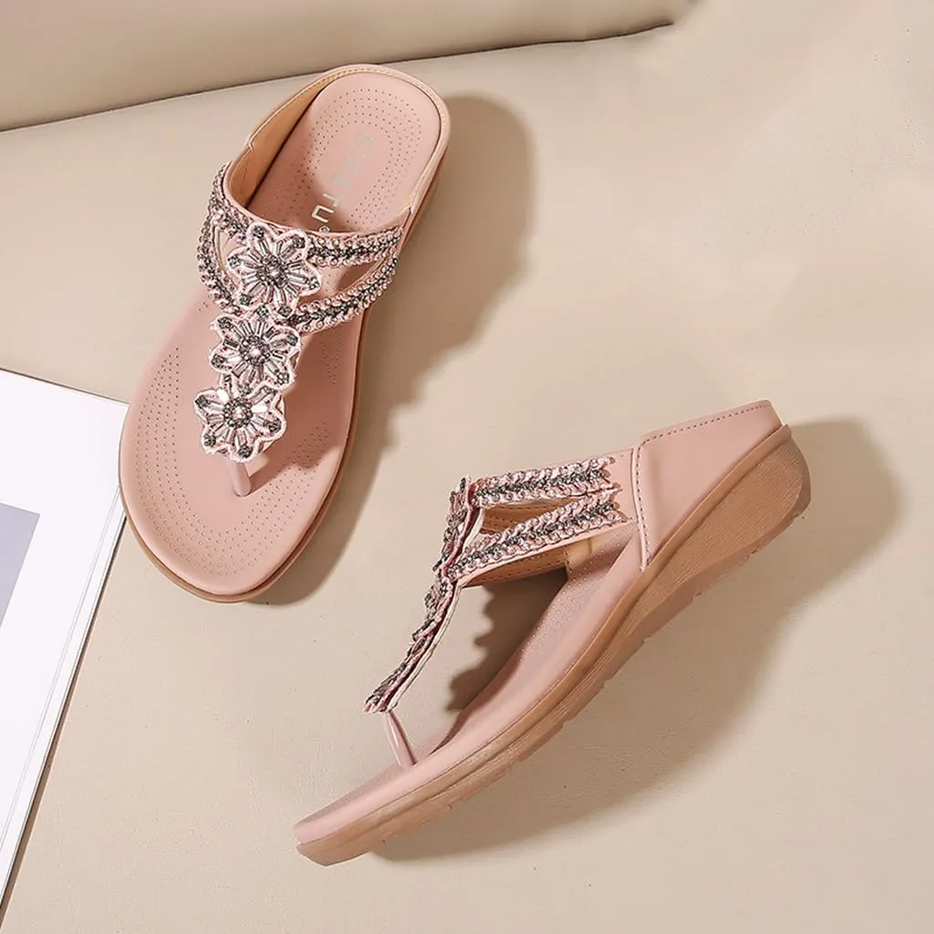Women's Bohemian Flat Flipflops Sandals Rhinestone Embellished Comfort Summer Flip Flop Beach Sandal